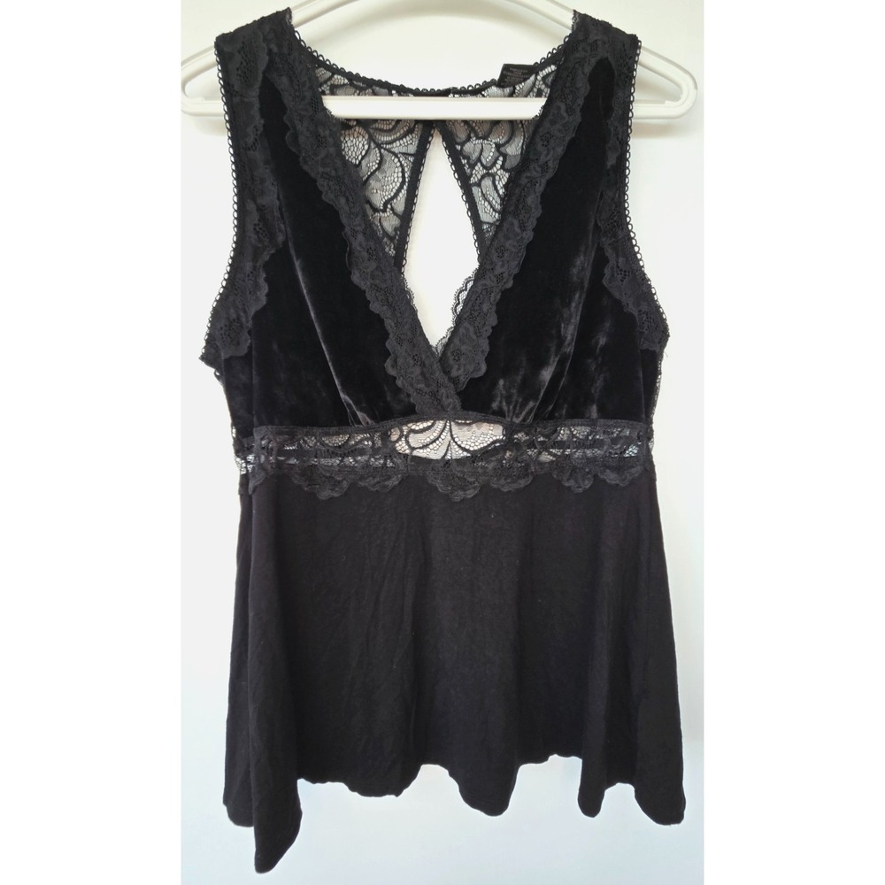 Tahari Black Lace Velour Sleepwear Top Sz L Overlay Sleeveless VNeck Mesh Whimsy